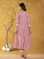 Yufta Pink Lace-Work Cotton Anarkali Kurta & Trouser Dupatta Set | Grocsy