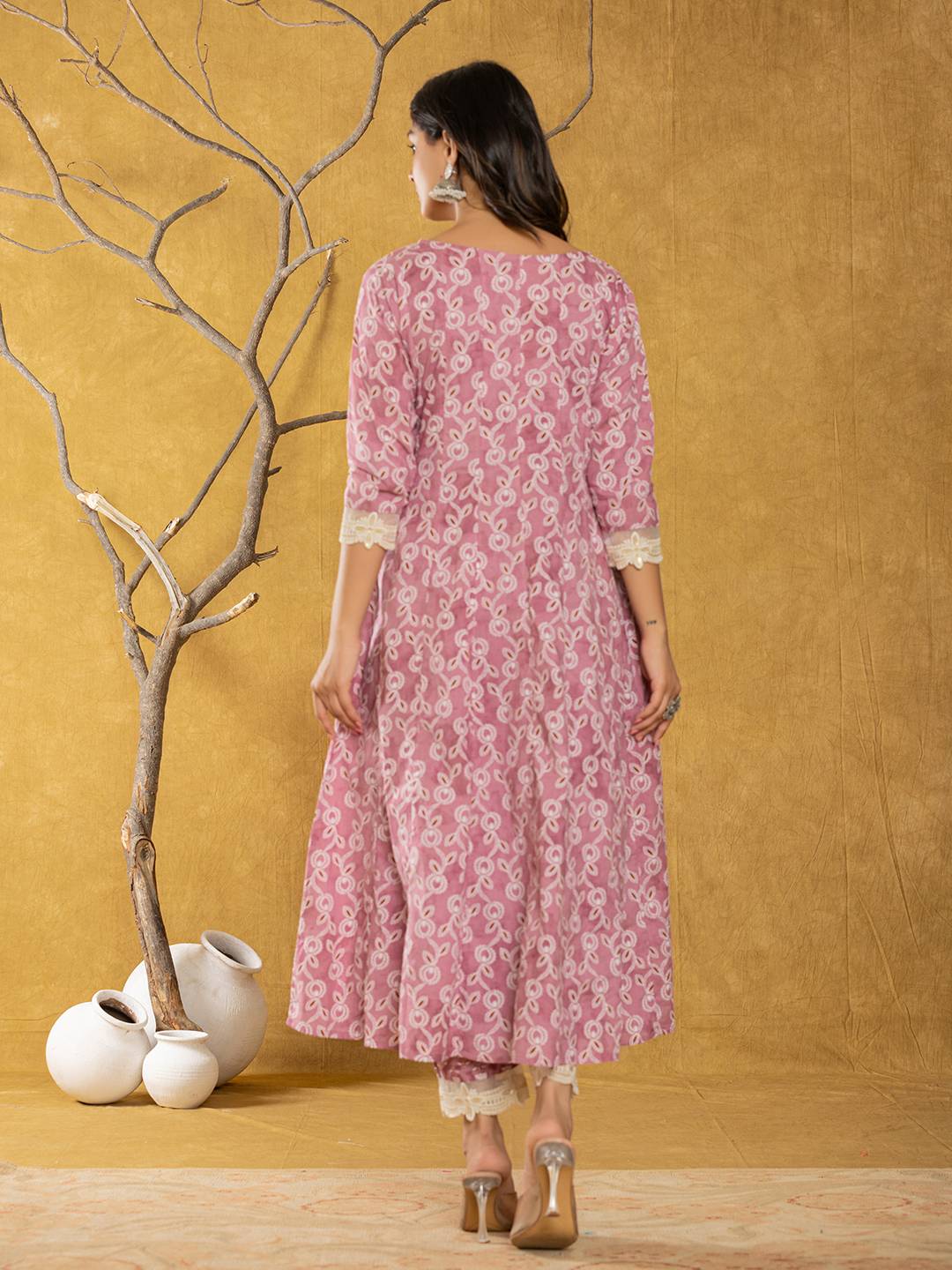 Yufta Pink Lace-Work Cotton Anarkali Kurta & Trouser Dupatta Set | Grocsy
