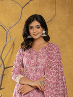 Yufta Pink Lace-Work Cotton Anarkali Kurta & Trouser Dupatta Set | Grocsy