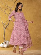 Yufta Pink Lace-Work Cotton Anarkali Kurta & Trouser Dupatta Set | Grocsy