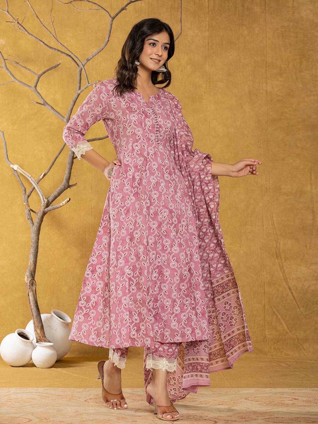 Yufta Pink Lace-Work Cotton Anarkali Kurta & Trouser Dupatta Set | Grocsy