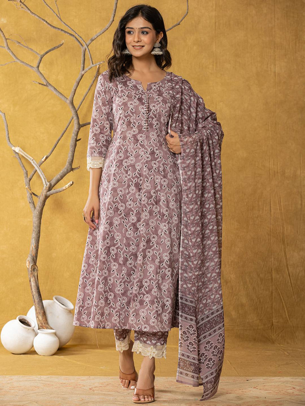 Yufta Purple Lace-Work Cotton Anarkali Kurta & Trouser Dupatta Set | Grocsy