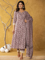 Yufta Purple Lace-Work Cotton Anarkali Kurta & Trouser Dupatta Set | Grocsy