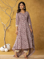 Yufta Purple Lace-Work Cotton Anarkali Kurta & Trouser Dupatta Set | Grocsy