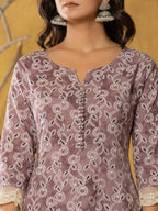 Yufta Purple Lace-Work Cotton Anarkali Kurta & Trouser Dupatta Set | Grocsy