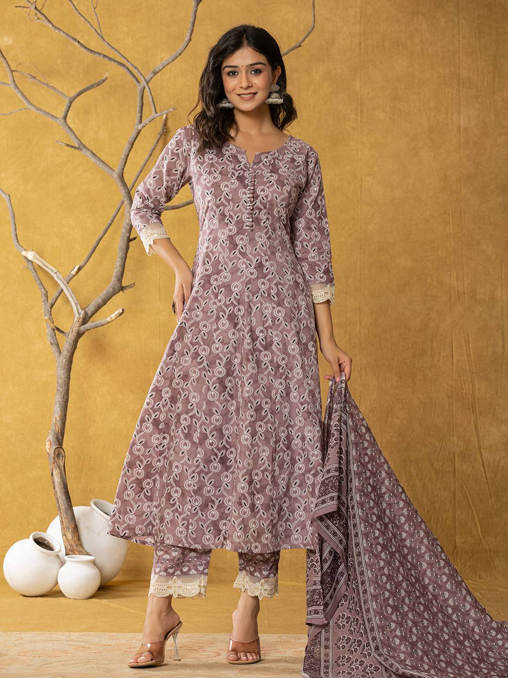 Yufta Purple Lace-Work Cotton Anarkali Kurta & Trouser Dupatta Set | Grocsy