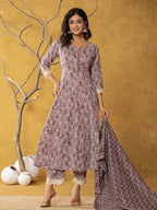Yufta Purple Lace-Work Cotton Anarkali Kurta & Trouser Dupatta Set | Grocsy