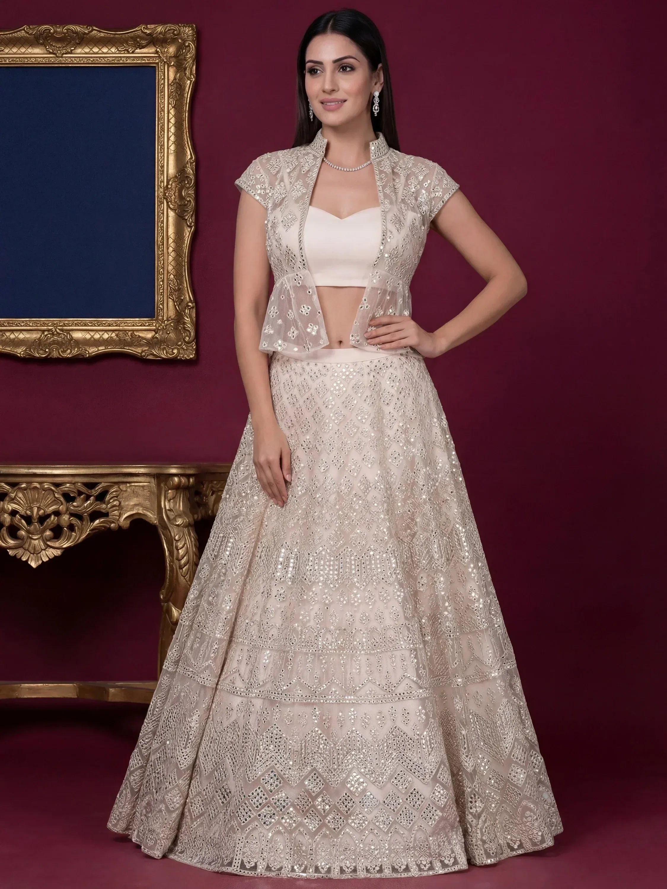 Tulsi Art Beautiful Off-White Embroidered Net Party Wear Lehenga Choli | Grocsy