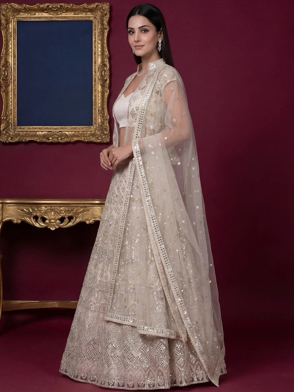 Tulsi Art Beautiful Off-White Embroidered Net Party Wear Lehenga Choli | Grocsy