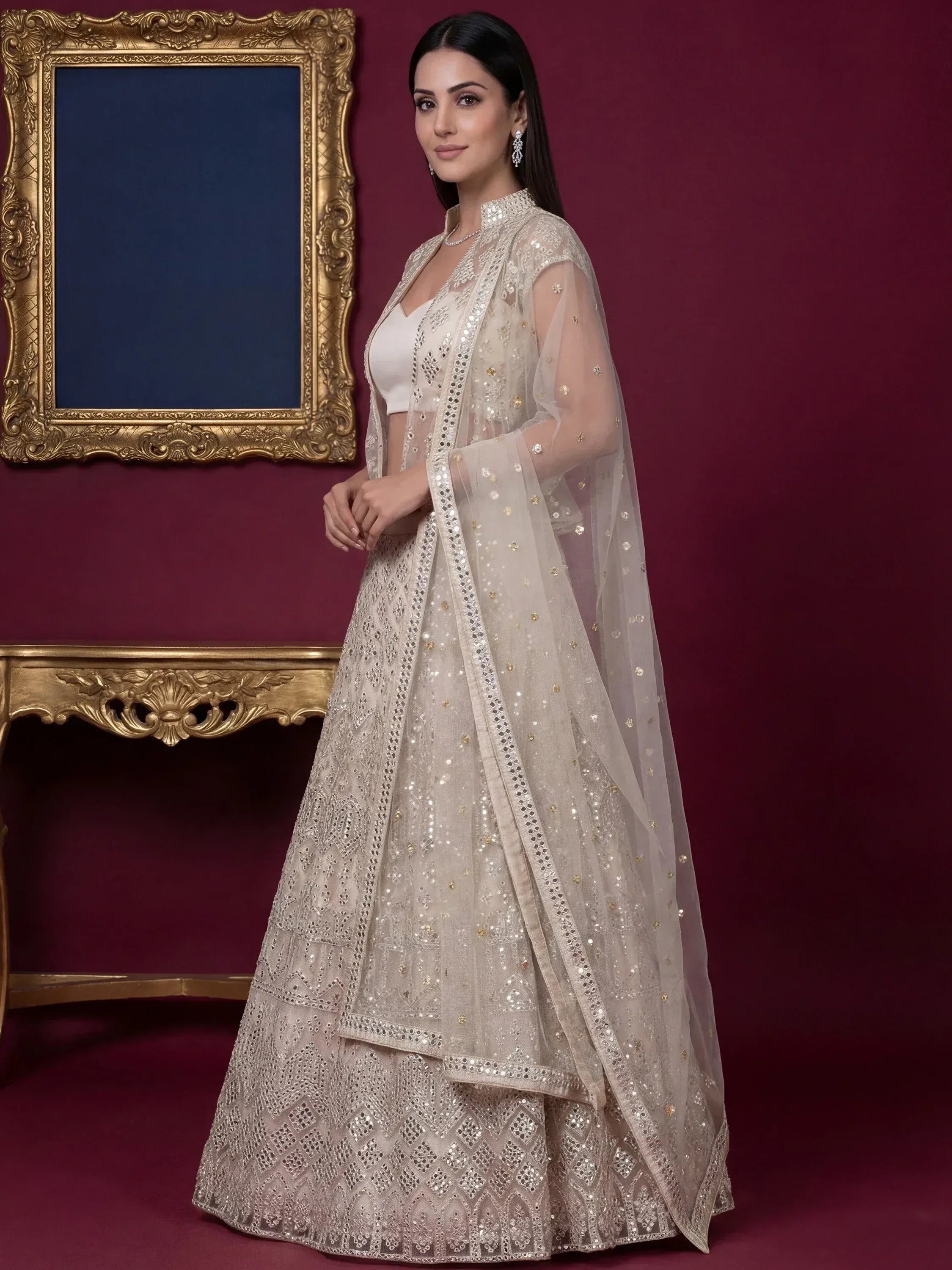 Tulsi Art Beautiful Off-White Embroidered Net Party Wear Lehenga Choli | Grocsy