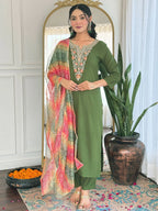 The52 Women's Gorgeous Rayon Embroidery work Straight Kurta with Pant and Dupatta Set | Grocsy