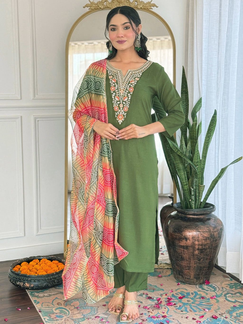 The52 Women's Gorgeous Rayon Embroidery work Straight Kurta with Pant and Dupatta Set | Grocsy