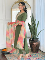 The52 Women's Gorgeous Rayon Embroidery work Straight Kurta with Pant and Dupatta Set | Grocsy