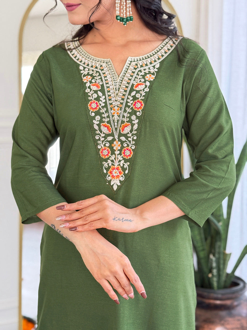 The52 Women's Gorgeous Rayon Embroidery work Straight Kurta with Pant and Dupatta Set | Grocsy