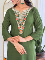 The52 Women's Gorgeous Rayon Embroidery work Straight Kurta with Pant and Dupatta Set | Grocsy