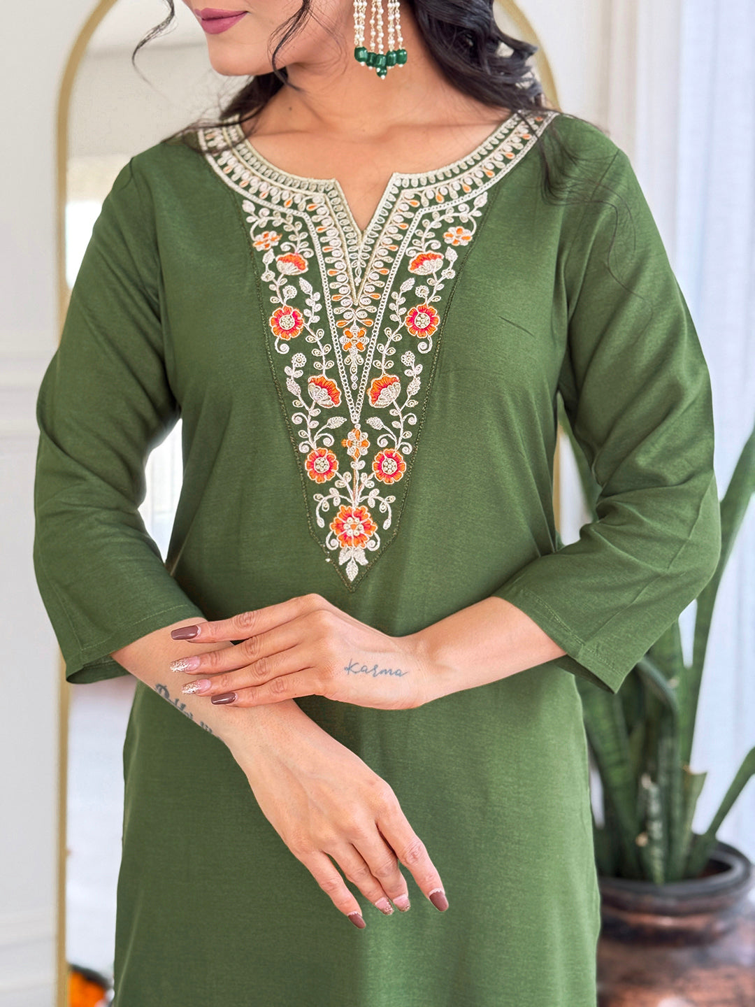 The52 Women's Gorgeous Rayon Embroidery work Straight Kurta with Pant and Dupatta Set | Grocsy