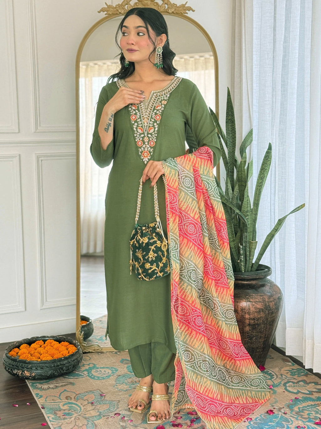 The52 Women's Gorgeous Rayon Embroidery work Straight Kurta with Pant and Dupatta Set | Grocsy