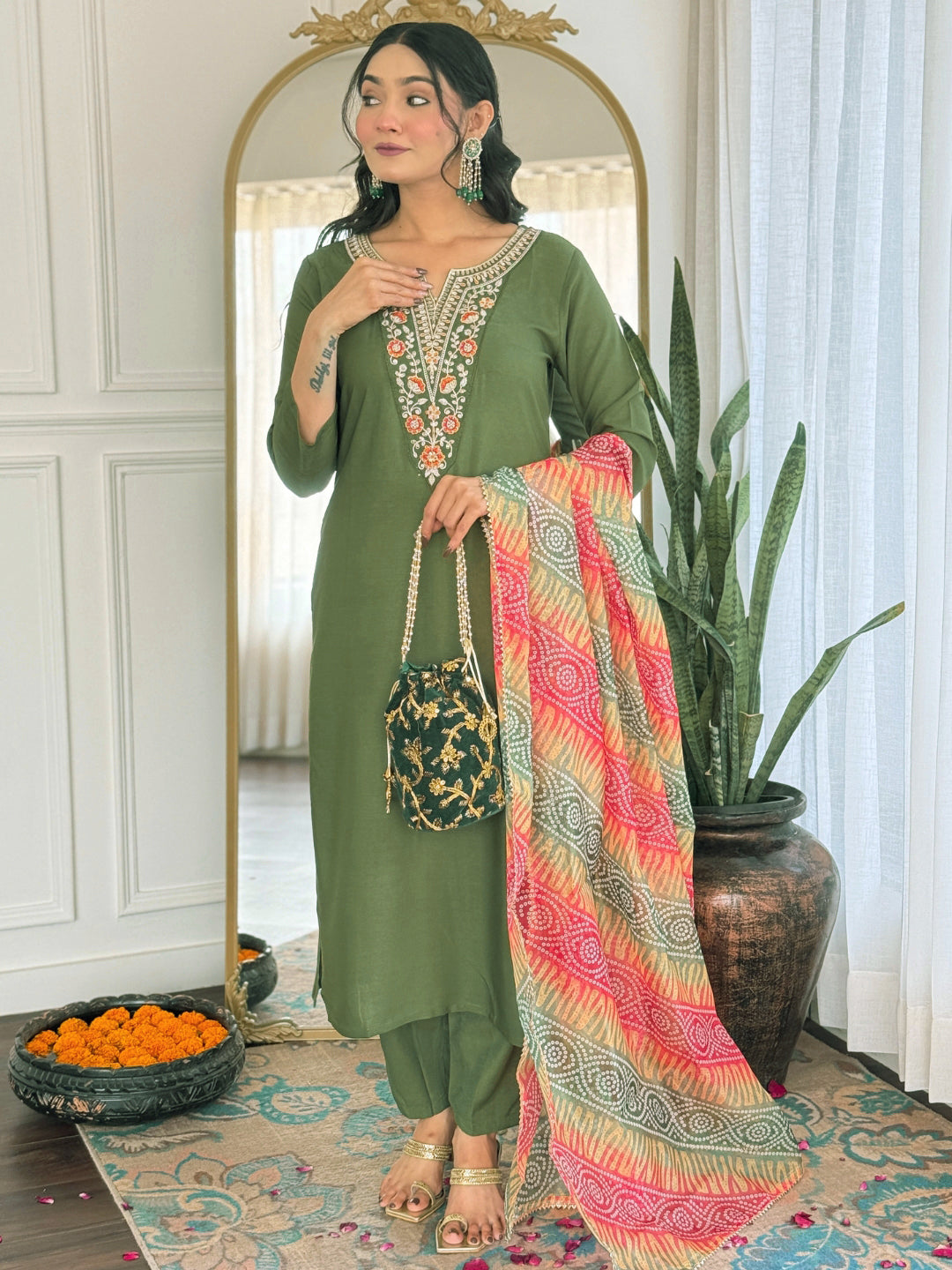 The52 Women's Gorgeous Rayon Embroidery work Straight Kurta with Pant and Dupatta Set | Grocsy