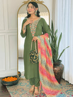 The52 Women's Gorgeous Rayon Embroidery work Straight Kurta with Pant and Dupatta Set | Grocsy