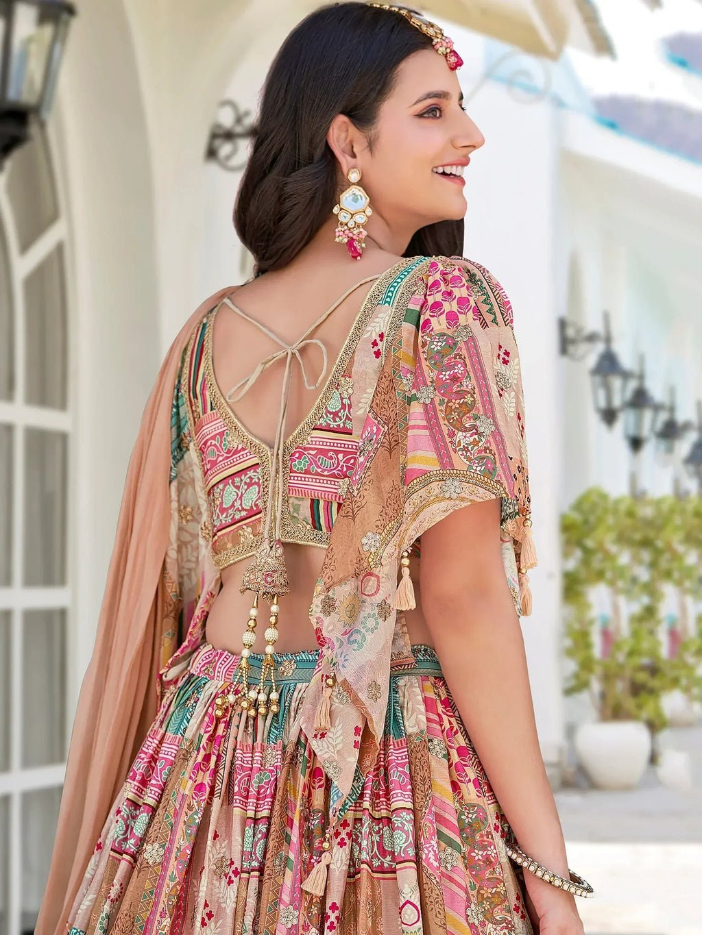 Tulsi Art Lavishing Beige Chinon Silk Zari Embroidered Lehenga Choli | Grocsy