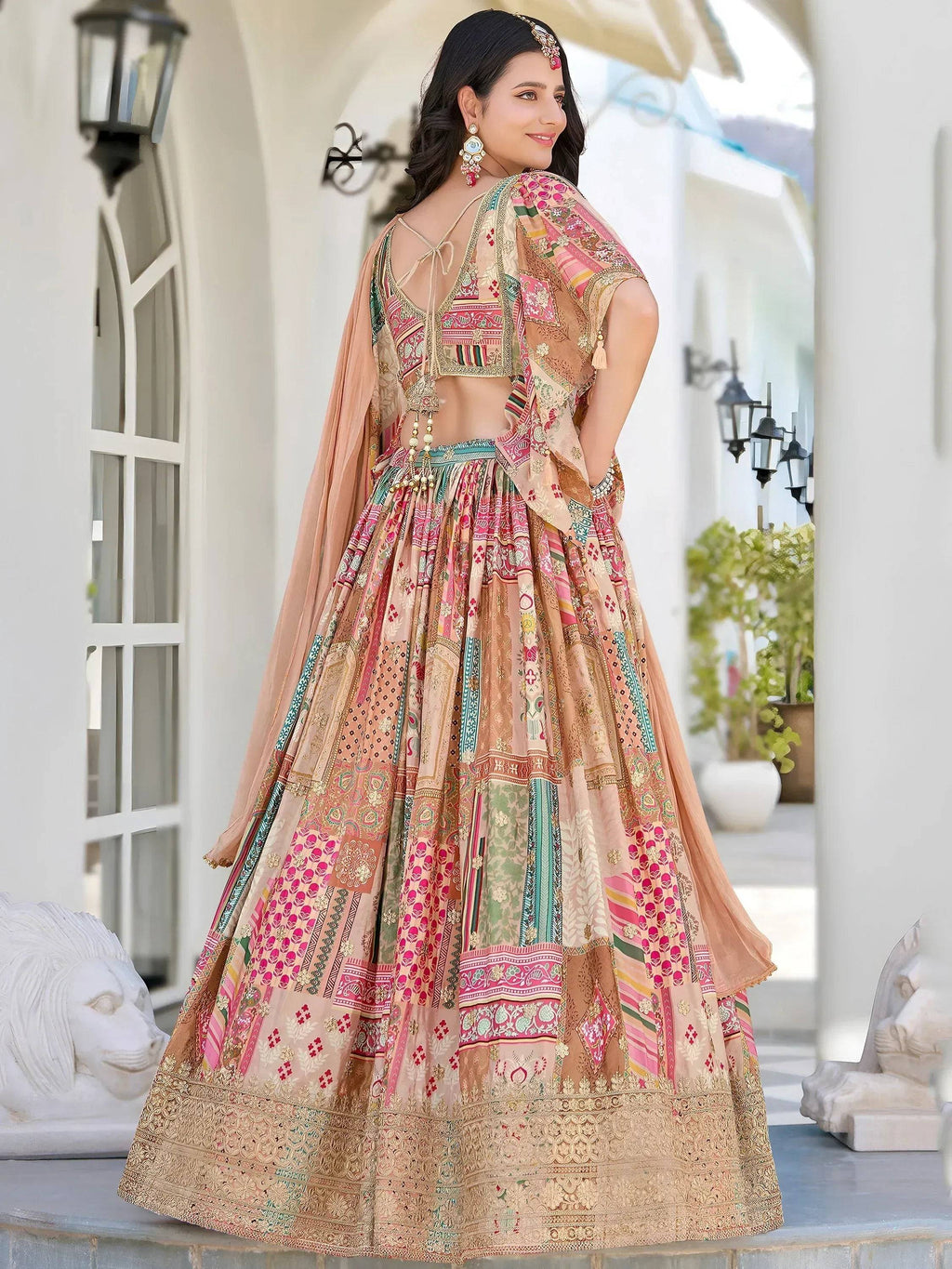 Tulsi Art Lavishing Beige Chinon Silk Zari Embroidered Lehenga Choli | Grocsy