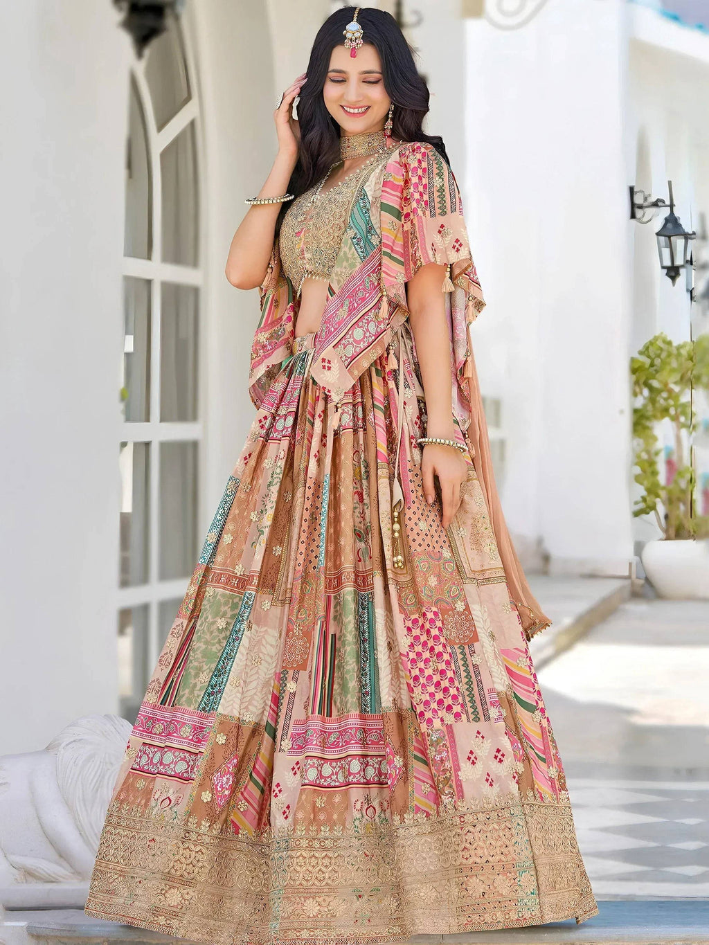 Tulsi Art Lavishing Beige Chinon Silk Zari Embroidered Lehenga Choli | Grocsy