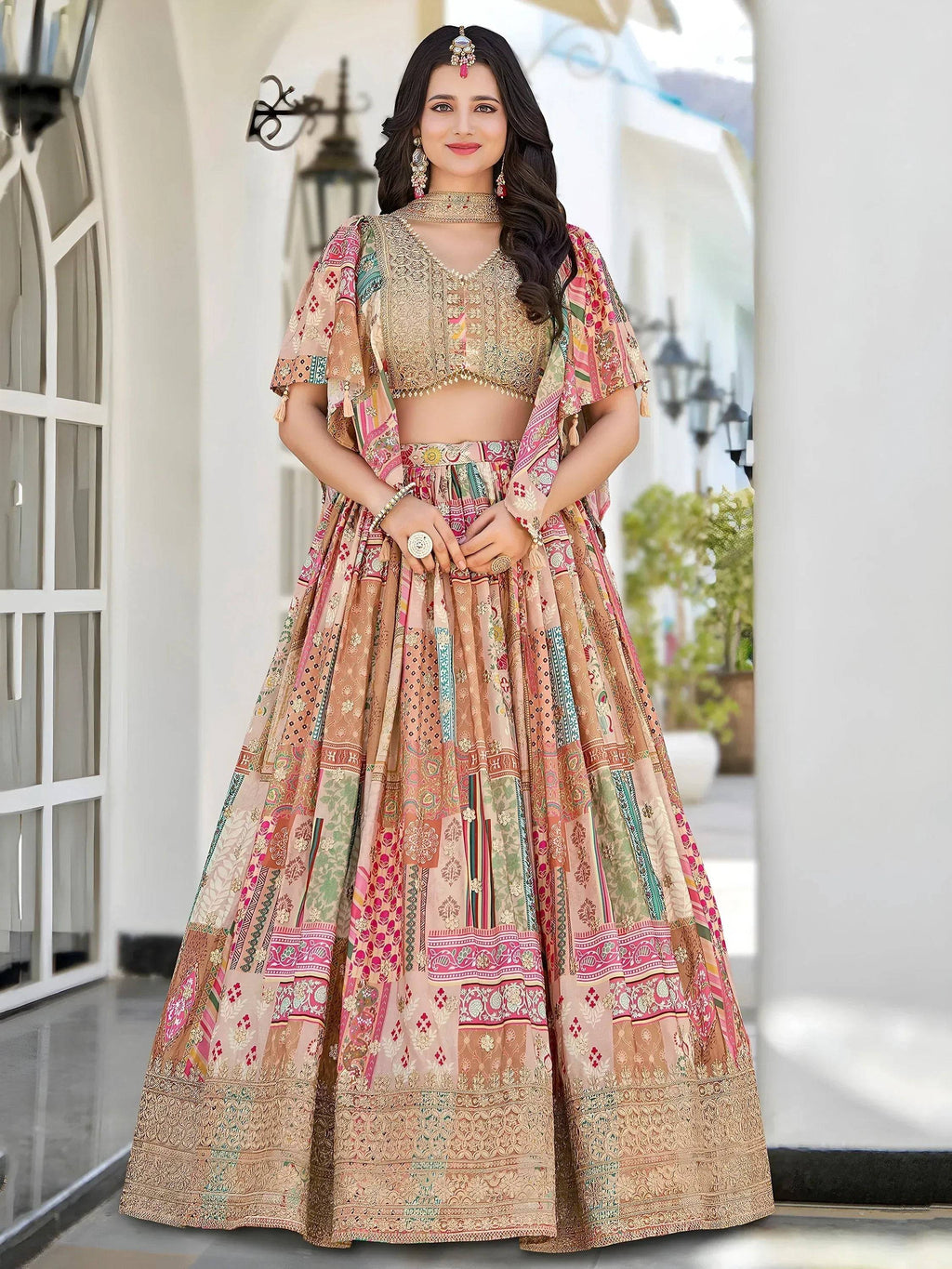 Tulsi Art Lavishing Beige Chinon Silk Zari Embroidered Lehenga Choli | Grocsy