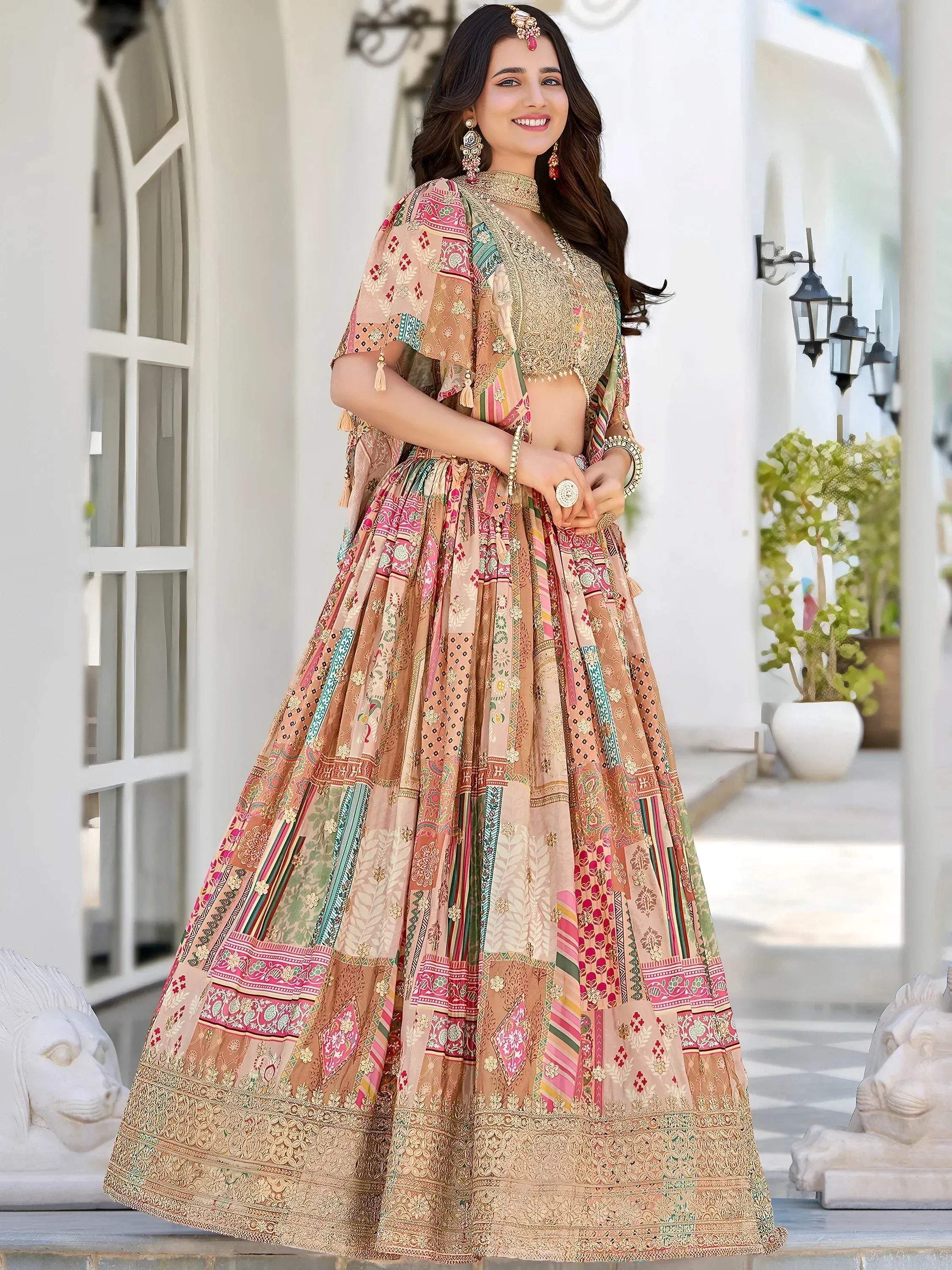 Tulsi Art Lavishing Beige Chinon Silk Zari Embroidered Lehenga Choli | Grocsy