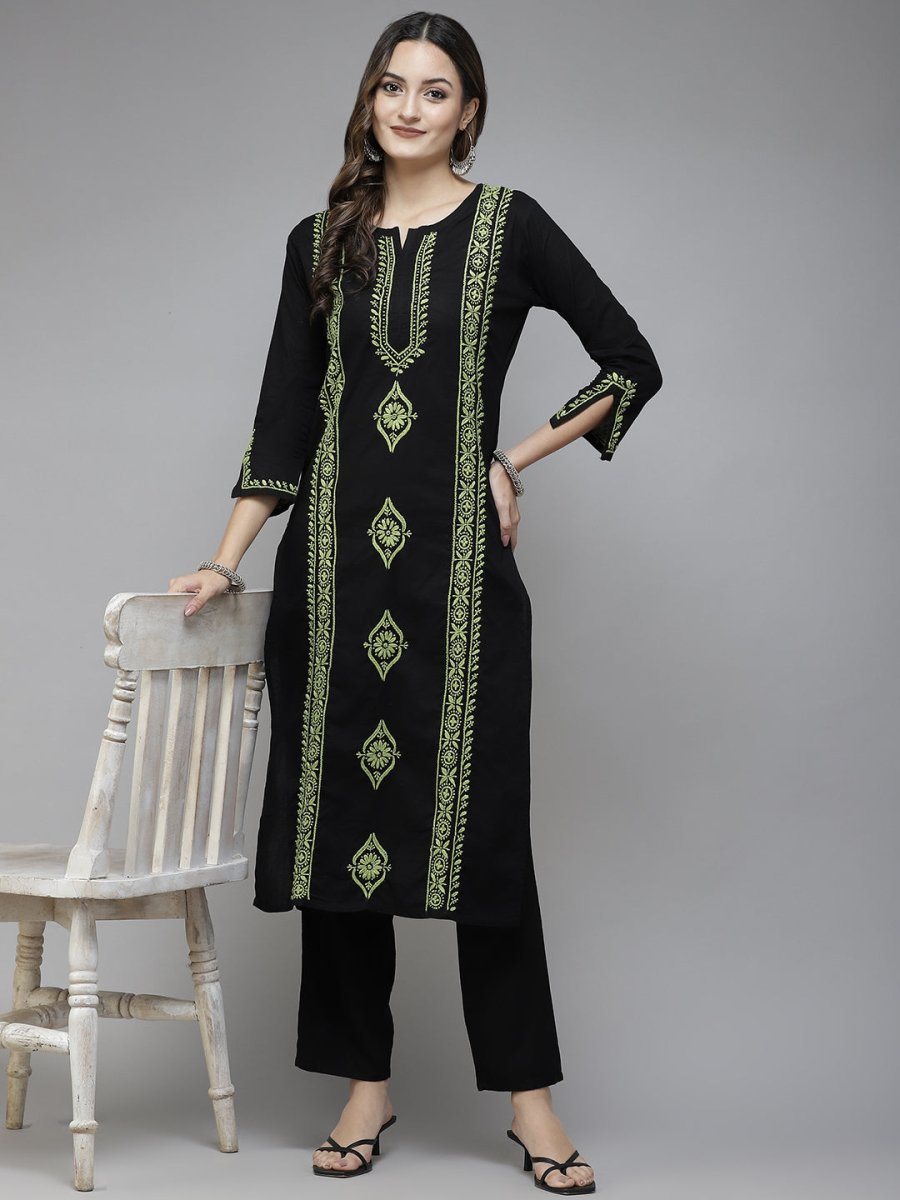 ADA Women Black & Green Ethnic Motifs Embroidered Chikankari Handloom Handloom Kurta | Grocsy