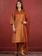 Sangria V-Neck Kurta & Trouser With Dupatta | Grocsy