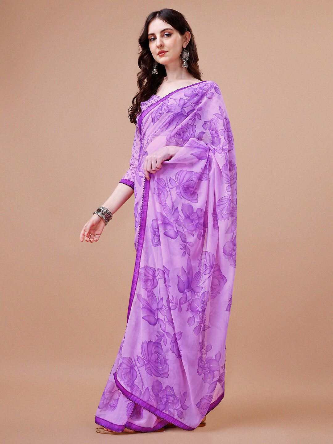 Sangria Purple Floral Printed Pure Chiffon Saree | Grocsy