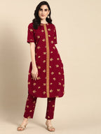 All About You Women Maroon & Mustard Yellow Floral Printed Pure Cotton Kurta with Trousers | Grocsy