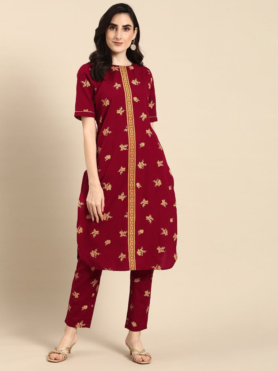 All About You Women Maroon & Mustard Yellow Floral Printed Pure Cotton Kurta with Trousers | Grocsy