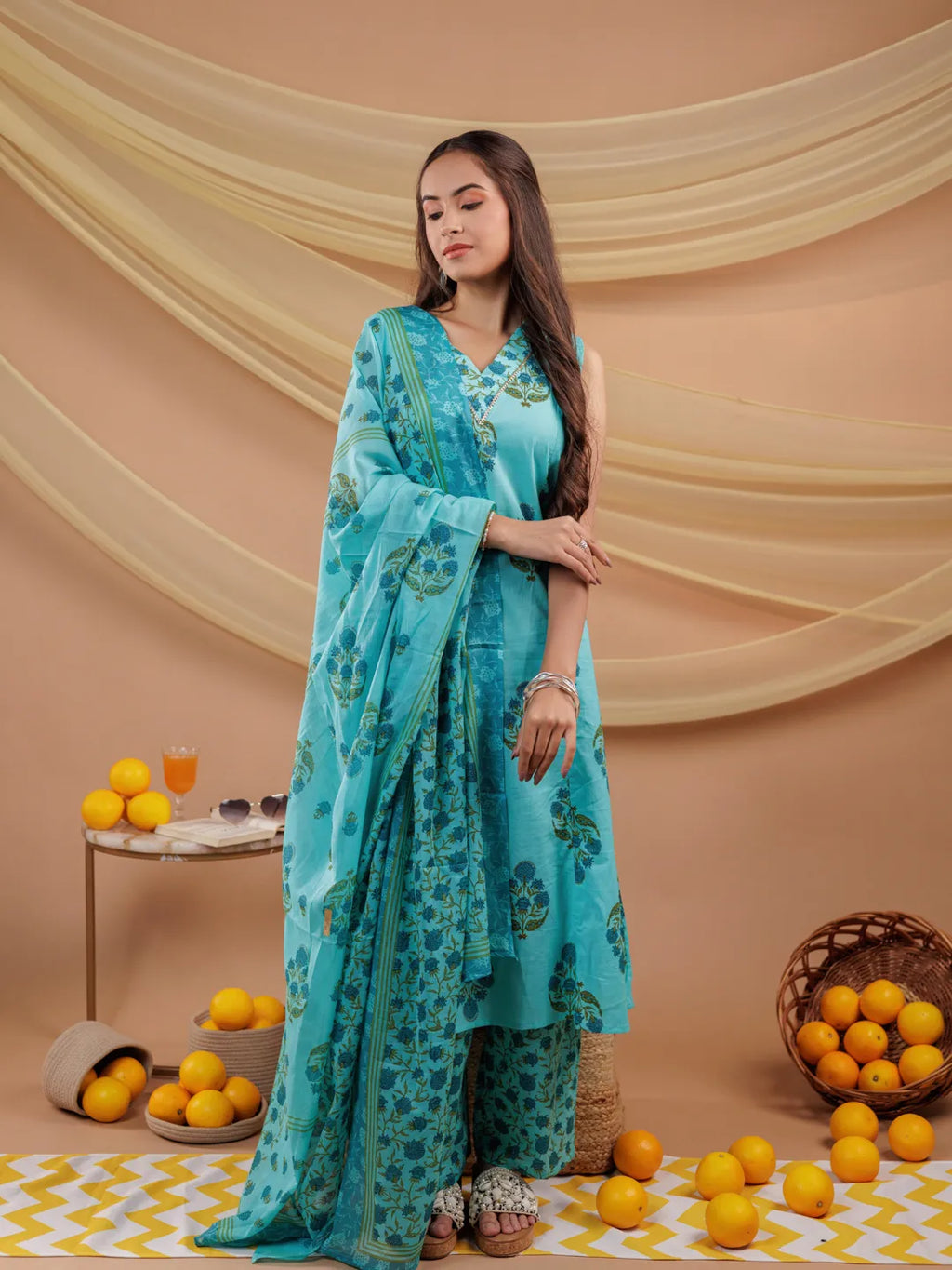 Yufta Blue Floral Print Pure Cotton A-Line Kurta Dupatta Set | Grocsy
