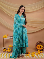 Yufta Blue Floral Print Pure Cotton A-Line Kurta Dupatta Set | Grocsy