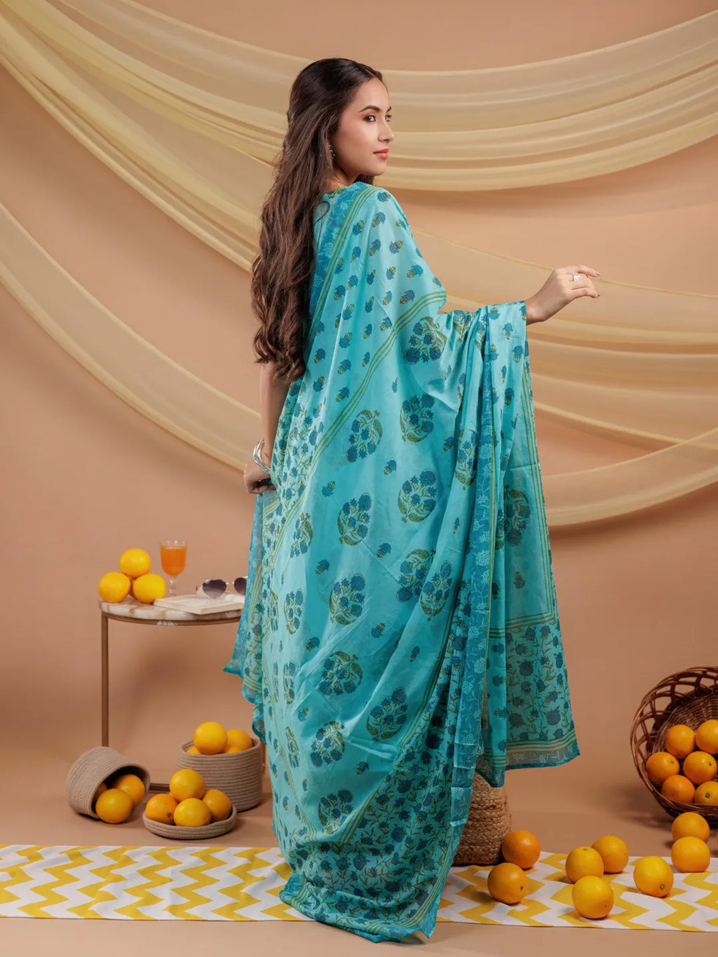 Yufta Blue Floral Print Pure Cotton A-Line Kurta Dupatta Set | Grocsy