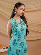 Yufta Blue Floral Print Pure Cotton A-Line Kurta Dupatta Set | Grocsy