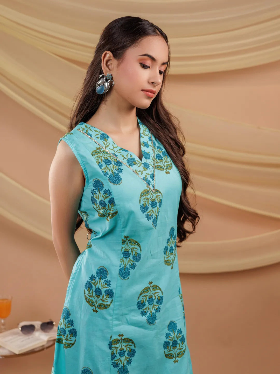 Yufta Blue Floral Print Pure Cotton A-Line Kurta Dupatta Set | Grocsy