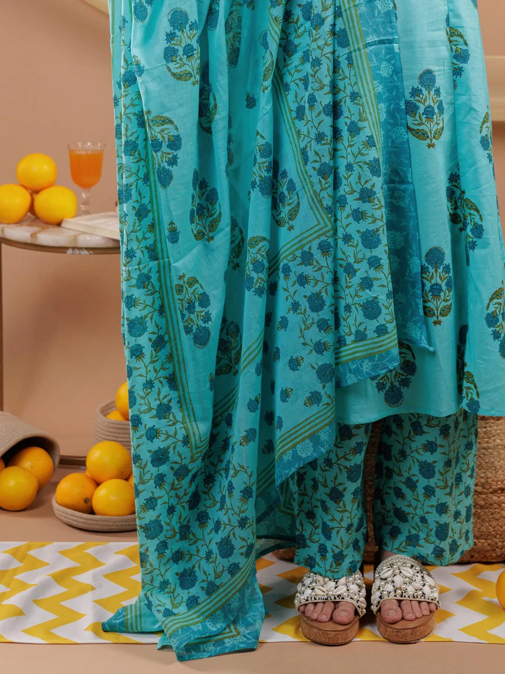 Yufta Blue Floral Print Pure Cotton A-Line Kurta Dupatta Set | Grocsy