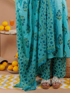 Yufta Blue Floral Print Pure Cotton A-Line Kurta Dupatta Set | Grocsy