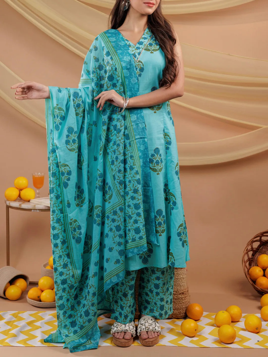 Yufta Blue Floral Print Pure Cotton A-Line Kurta Dupatta Set | Grocsy