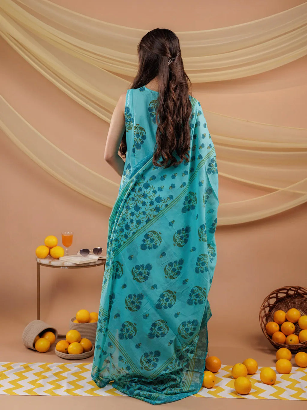 Yufta Blue Floral Print Pure Cotton A-Line Kurta Dupatta Set | Grocsy