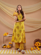 Yufta Mustard Floral_Print Pure Cotton A-Line Kurta Dupatta Set | Grocsy