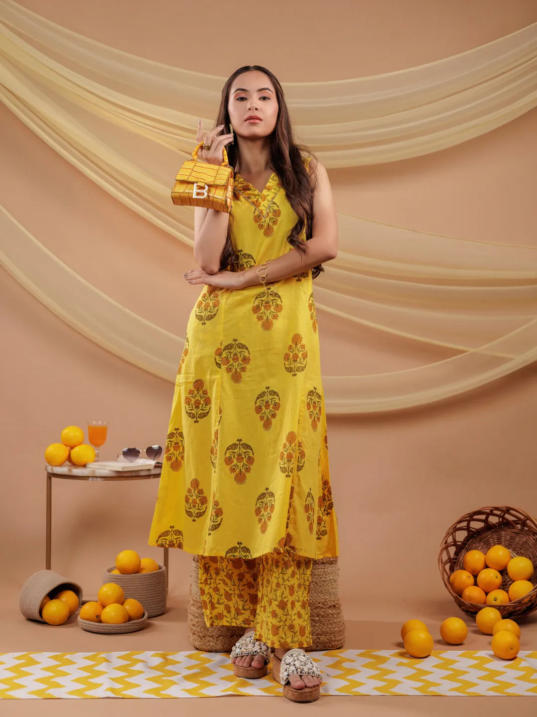 Yufta Mustard Floral_Print Pure Cotton A-Line Kurta Dupatta Set | Grocsy