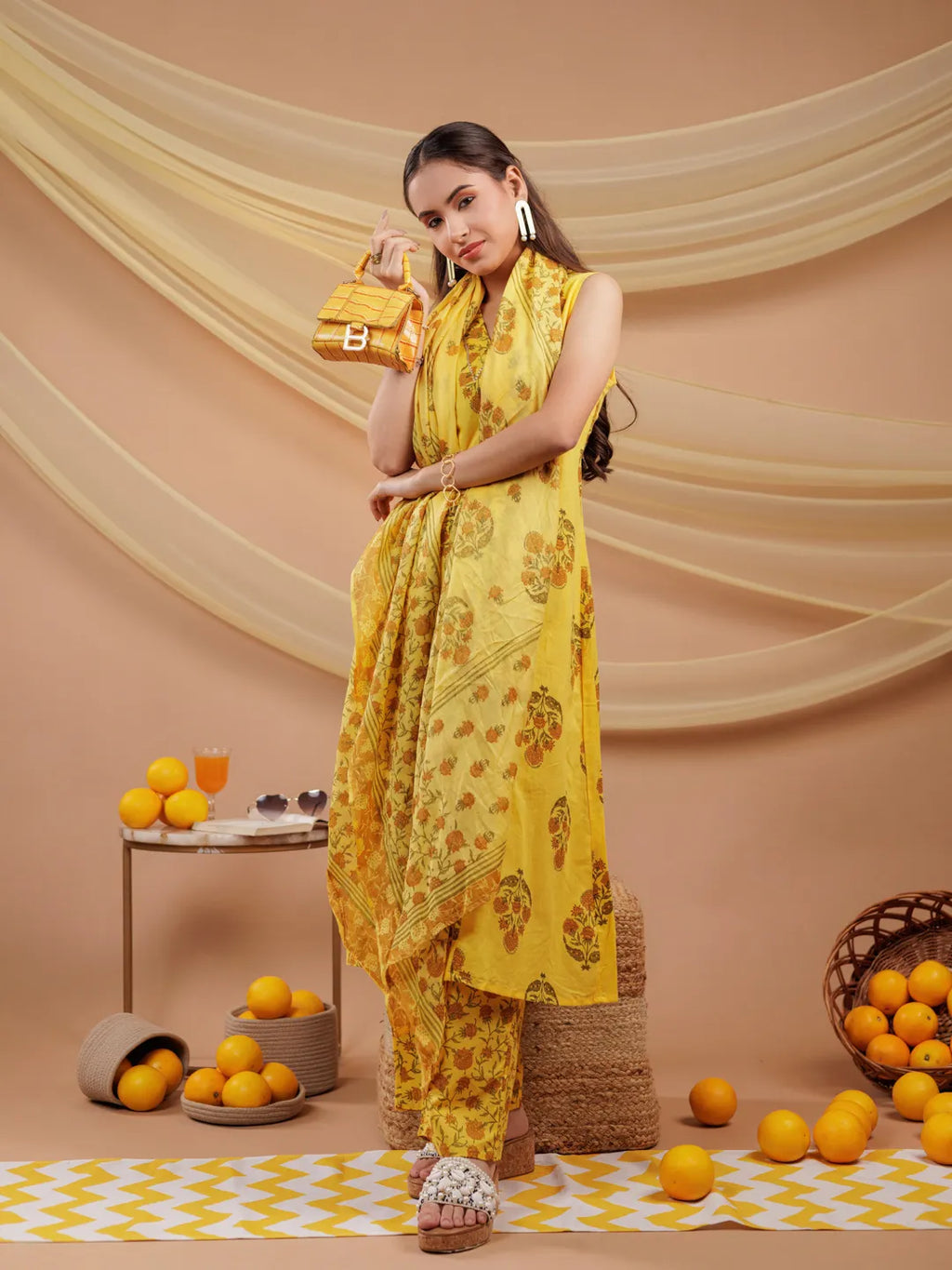 Yufta Mustard Floral_Print Pure Cotton A-Line Kurta Dupatta Set | Grocsy