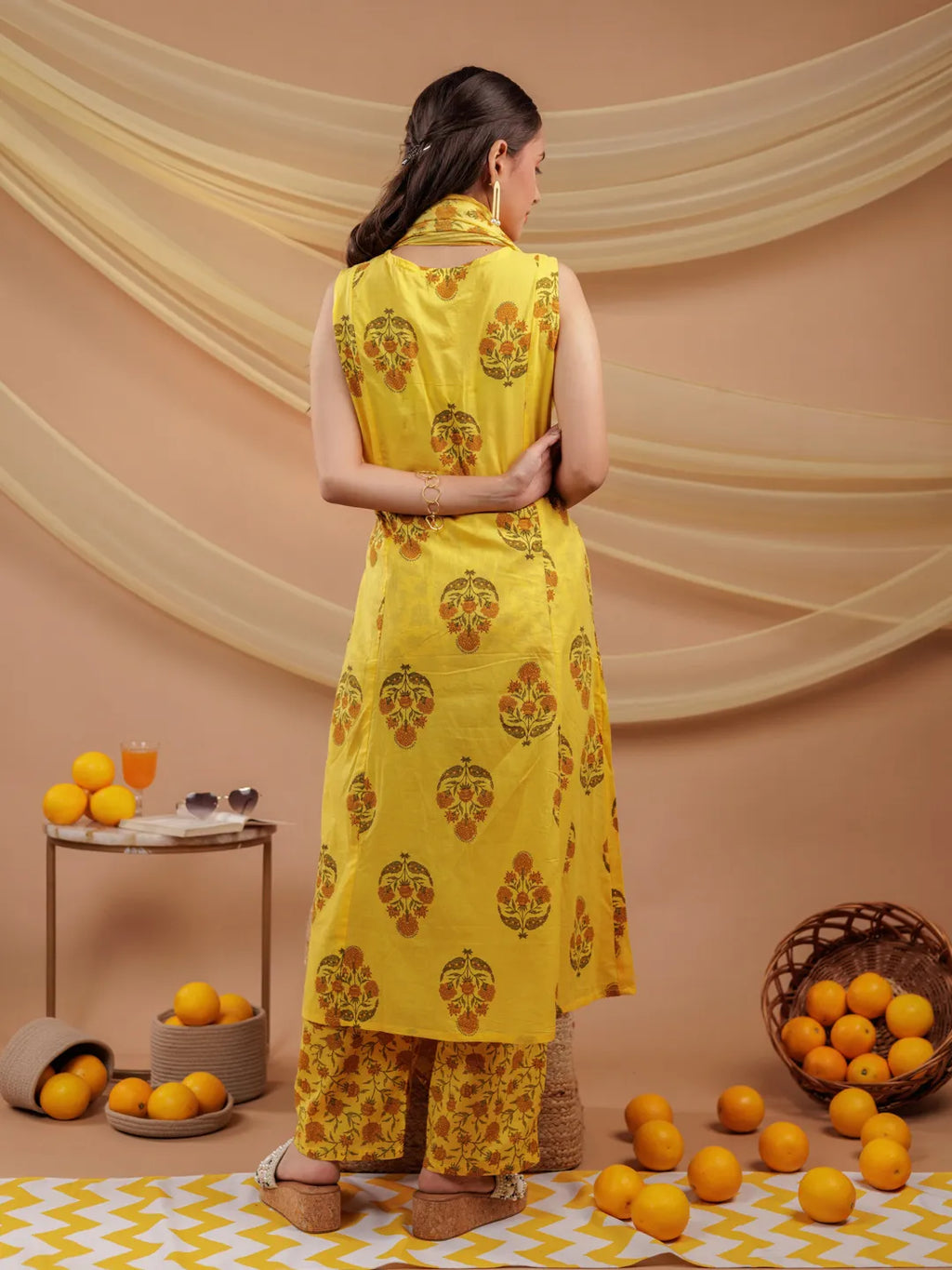Yufta Mustard Floral_Print Pure Cotton A-Line Kurta Dupatta Set | Grocsy