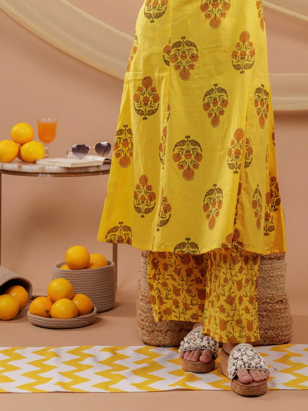 Yufta Mustard Floral_Print Pure Cotton A-Line Kurta Dupatta Set | Grocsy
