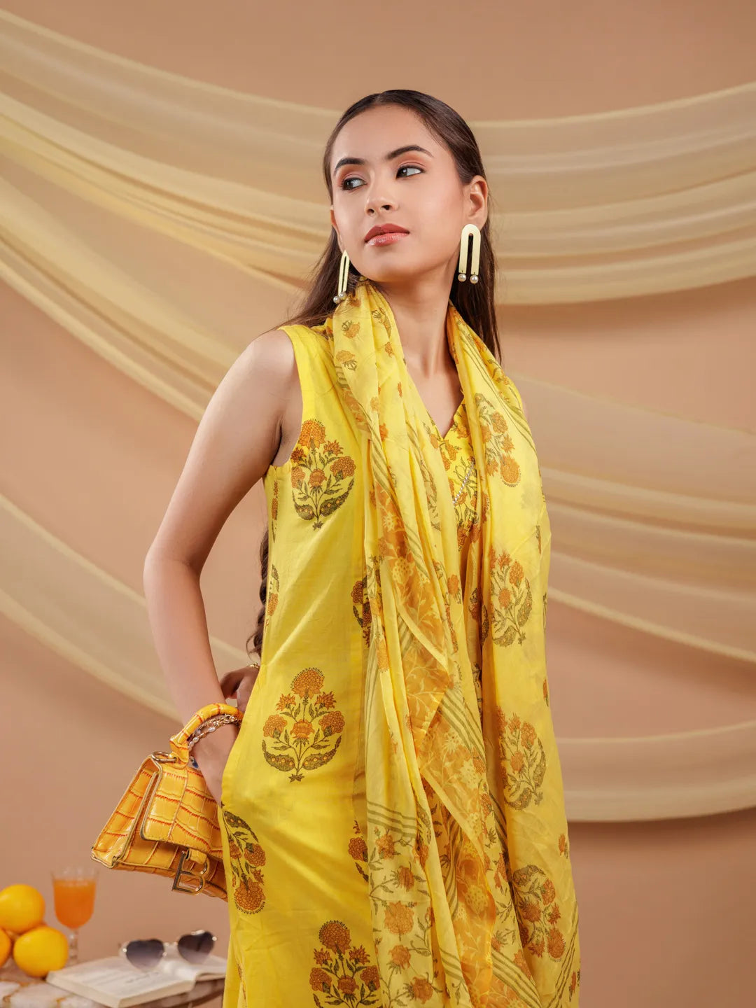 Yufta Mustard Floral_Print Pure Cotton A-Line Kurta Dupatta Set | Grocsy
