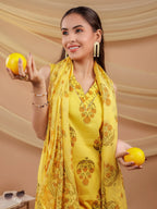 Yufta Mustard Floral_Print Pure Cotton A-Line Kurta Dupatta Set | Grocsy