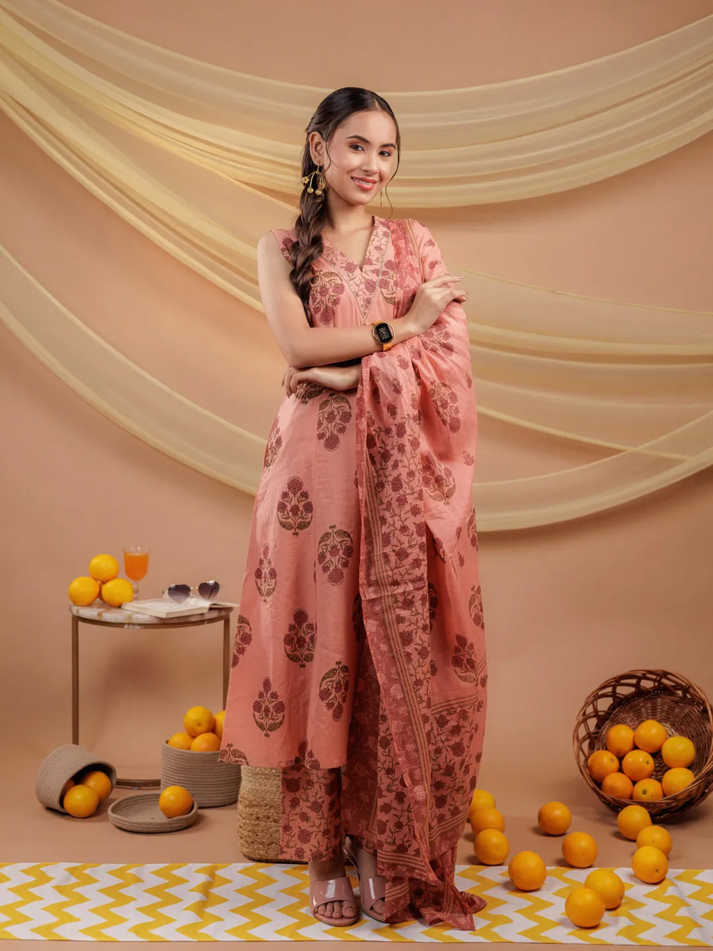Yufta Peach Floral_Print Pure Cotton A-Line Kurta Dupatta Set | Grocsy